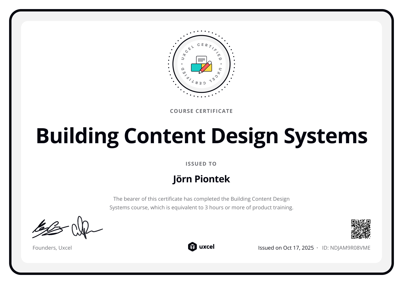 Jörn Piontek's certificate